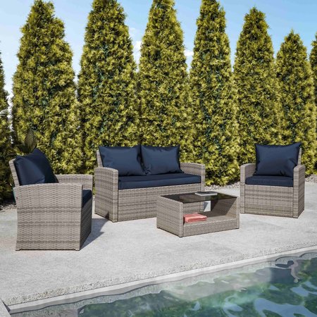 FLASH FURNITURE 4 Piece Lt Gray Patio Set with Navy Back Pillows JJ-S351-GYNV-GG